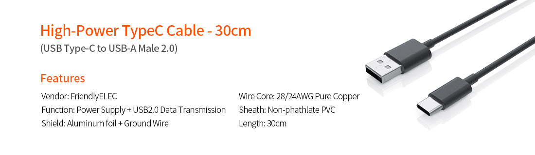 High-Power Type-C to USB-A Male 2.0 Cable - 60cm